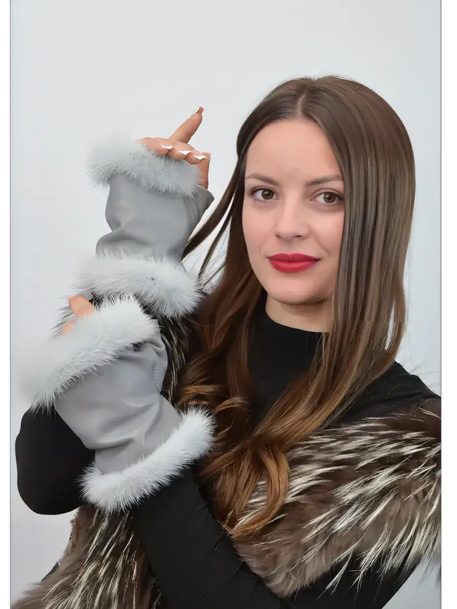 Mitaine Cuir Avec Fourrure Gris / Taille Universelle