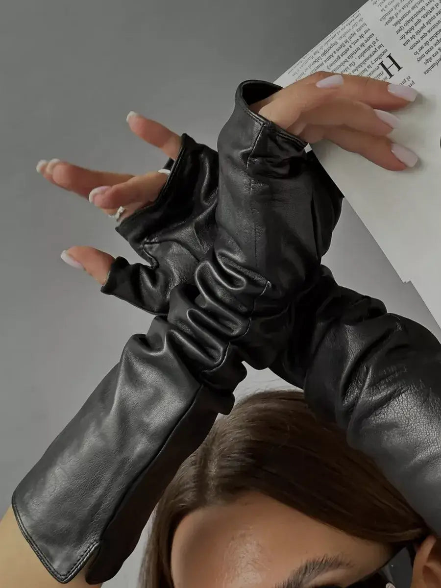 Mitaine Longue Cuir Noir / Taille Universelle