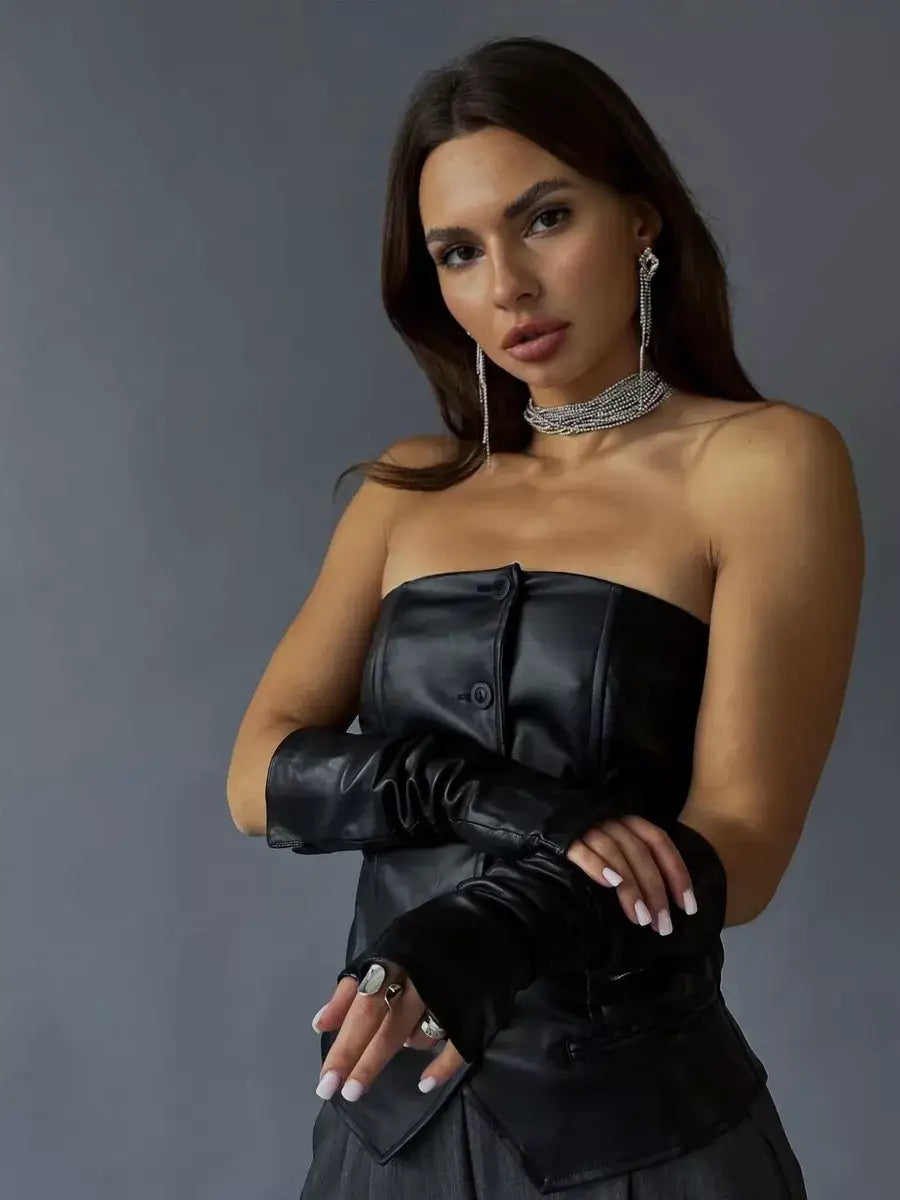 Mitaine Longue Cuir Noir / Taille Universelle