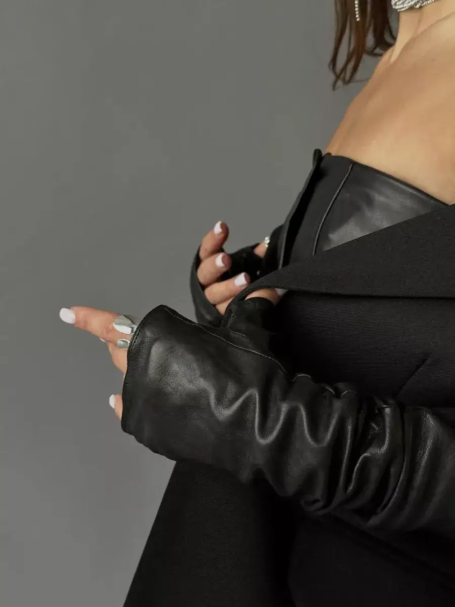 Mitaine Longue Cuir Noir / Taille Universelle