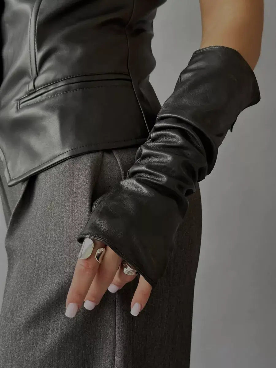 Mitaine Longue Cuir Noir / Taille Universelle
