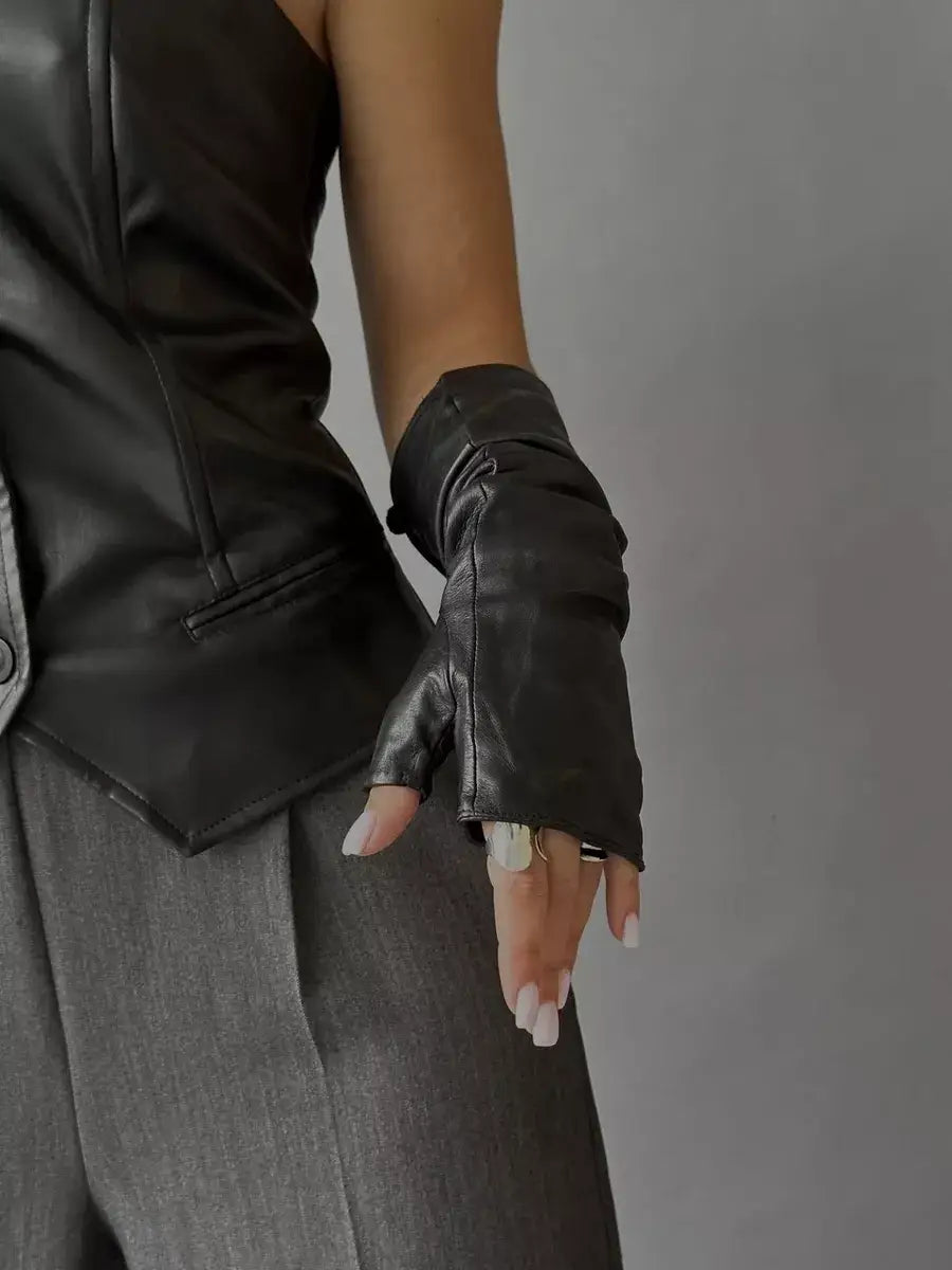 Mitaine Longue Cuir Noir / Taille Universelle